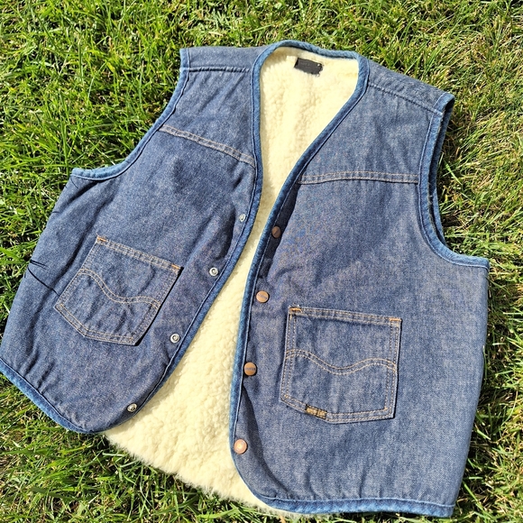 Vintage Sears Roebuck shearling lined denim sherpa snap button vest Large - Picture 2 of 10